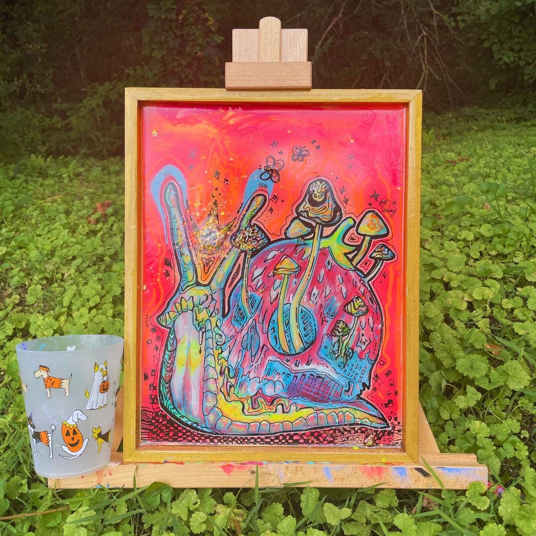 Resin-Coated Snail Skull Painting: Trippy Psychedelic Art on Wood