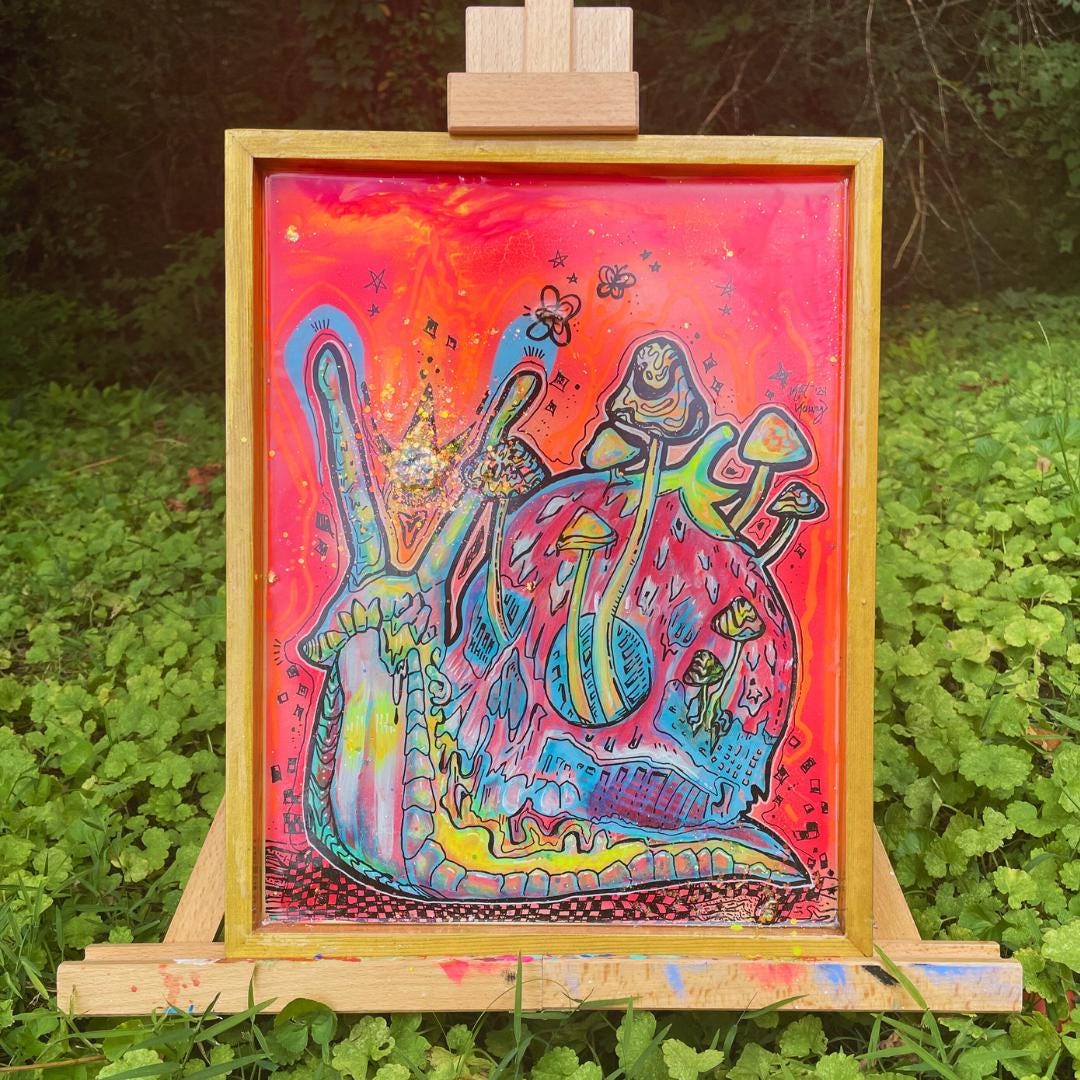 Resin-Coated Snail Skull Painting: Trippy Psychedelic Art on Wood