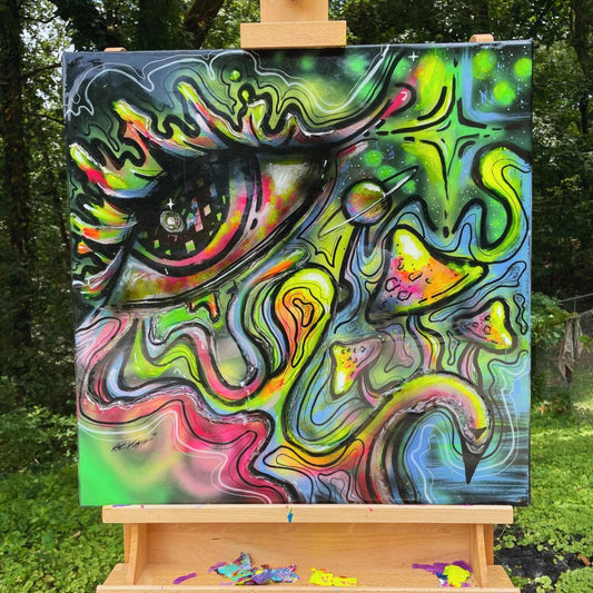 Resin-Coated Eye Abstract Painting on Wood: Trippy Psychedelic Wall Art